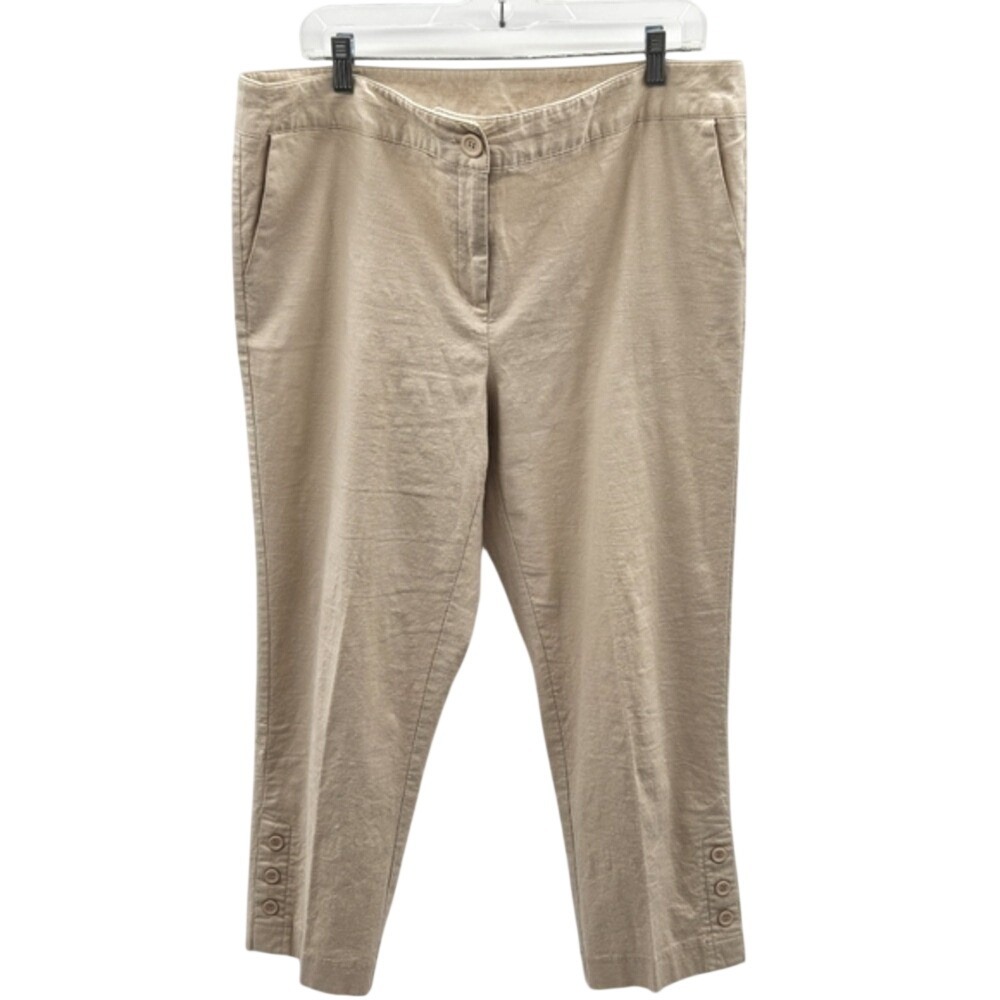 RQT Tan Beige Linen Blend Cropped Capri Pants Women Size 16 Button Hem Detail